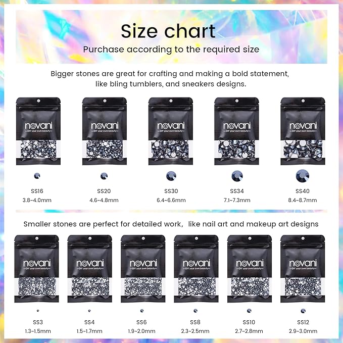Novani Rhinestones Flatback Rhinestones Glass Gems Stones Jewels Round Gemstones Non-Hotfix Crystal for Nail Crafts,SS12,1440 Pieces,Shiny Black