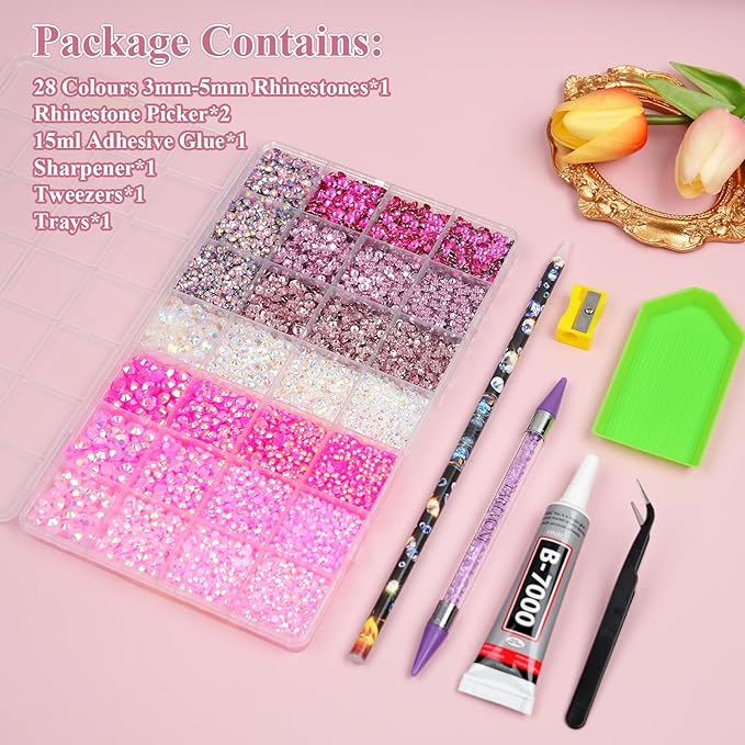 Resin Jelly Rhinestones for Bedazzling, EARLMONI Multi Colord Bedazzler Kit with 15ml B7000 Rhinestone Glue Rhinestone Pen Tool for Clothes Nail Art (Pink, 3/4/5/6MM)