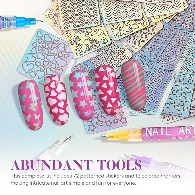 12 Color Nail Art Pens 0.5 MM Nail Polish Pens Set Nail Point Graffiti Dotting Pen + 24 Pcs Template Stickers Drawing Painting Lines DIY Manicure Art Waterproof and Quick-drying Nailart Markers Kit