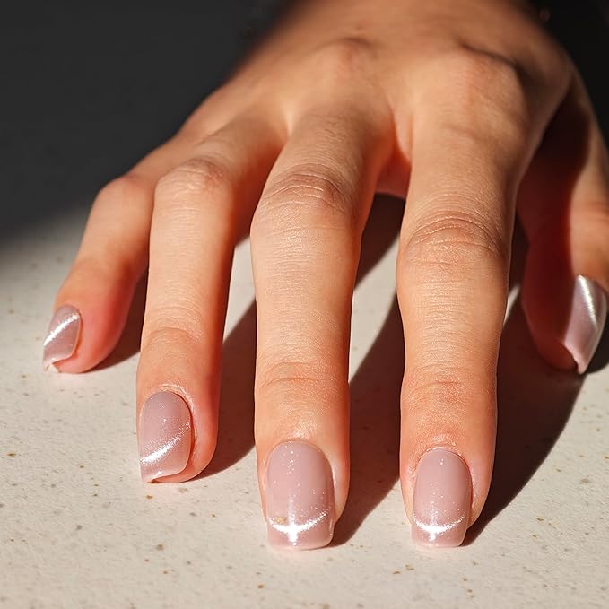 Nude Pink Cat Eye Press on Nails Short Square, French Tip Short Square Glue on Nails for Women Gift, Reusable Soft Gel Press on Acrylic Nail with Designs 30Pcs(Nude Pink2)