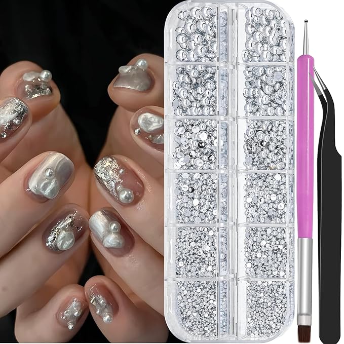 2160 Pcs Resin Half Round Pearls Kit, Mixed Sizes Flatback Silver Pearls, 3D Nail Decorations Pearls with Tweezers and Dual-end Brush for 3D Nail Crafts DIY, Face Makeup Gems Jewels(29-K1-2)