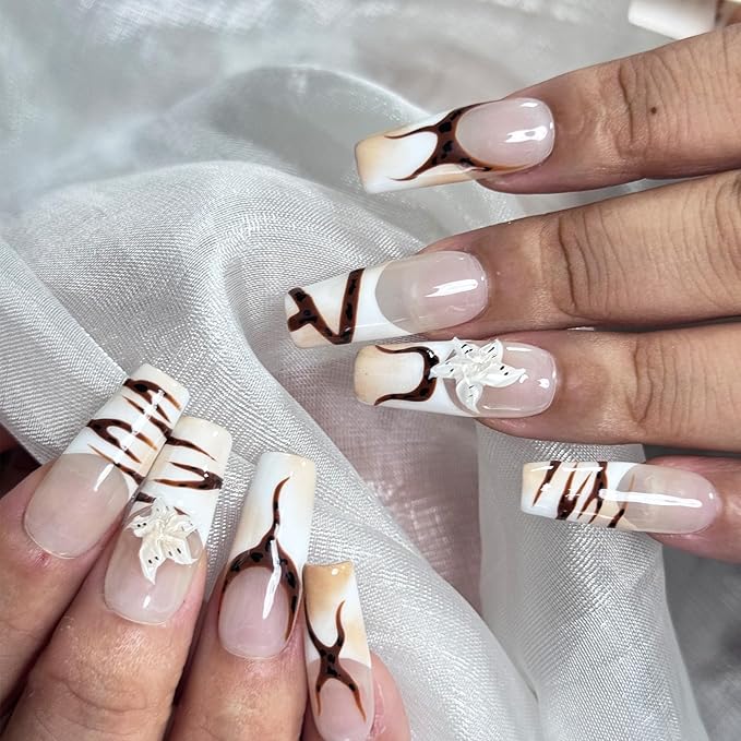 Handmade Press on Nails with Charms - Long Square French False Nails, Stars, Leopard, 3D Flower Embossed Designs for Women & Girls, Nail Kit