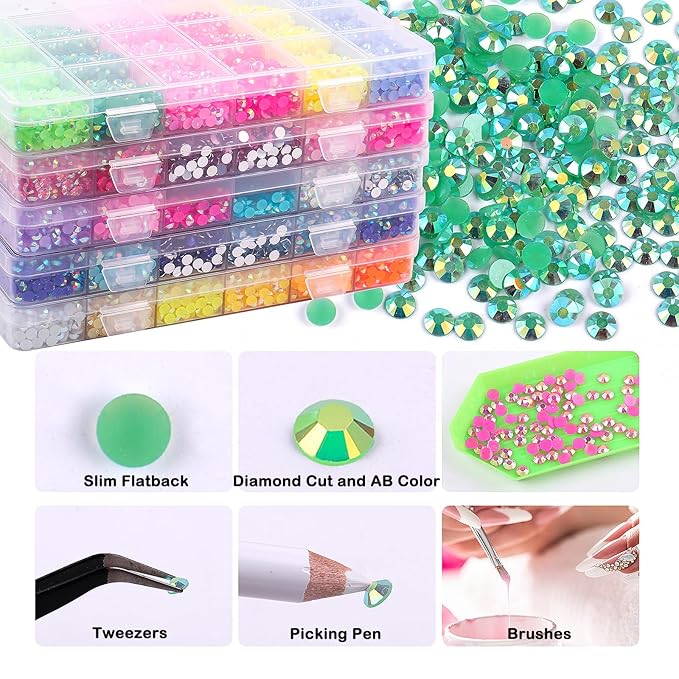 30000PCS Resin Flatback Rhinestones Kit, Jelly Resin Non-Hotfix Rhinestones for Crafts DIY Design, Tumblers, Clothes, Makeup, Nail Art 2mm, 3mm, 4mm, 5mm (Pink Green Rhinestones)