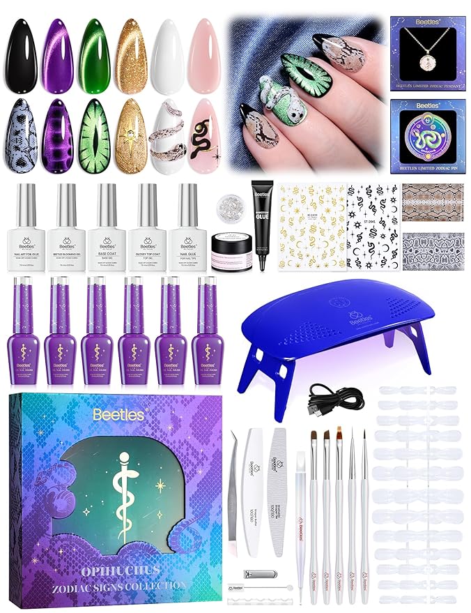 Beetles The Ophiuchus Sign Lucky Box, Ophiuchus Zodiac Gel Nail Polish Kit Nail Art Set Purple Green Gold Cat Eye Black White Gel Pink Jelly Base Top Coat Salon DIY Zodiac Gift for Women