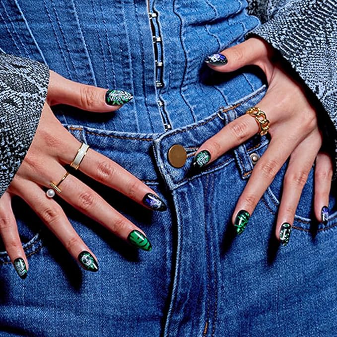 GLAMERMAID Black Emo Press On Nails Short Almond, Handmade Soft Matte Gel Fake Nails with Gothic Snake Skull Ghost Design, Round Oval Stick Glue on Nails Kit for Women, Reusable Acrylic False Nail Set