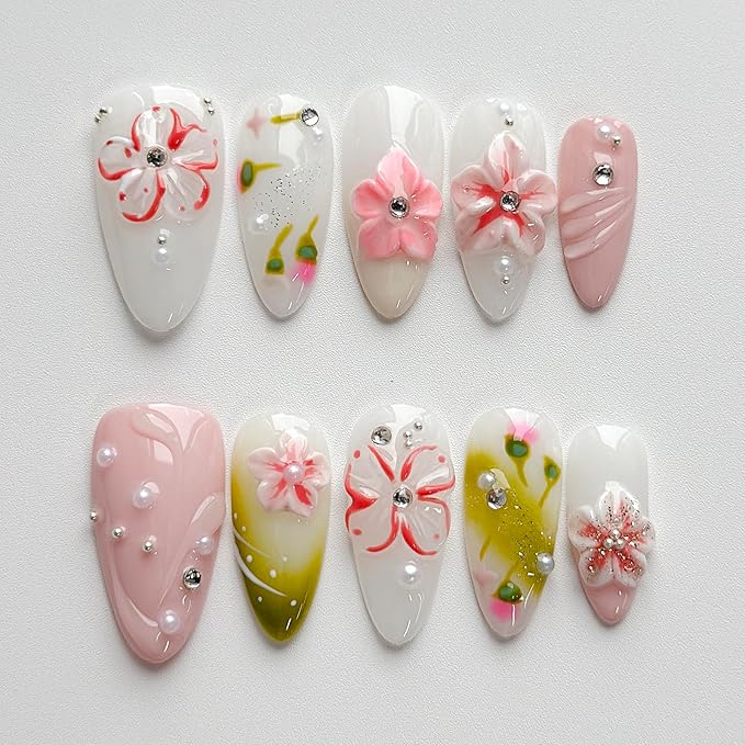 Luxury Press on Nails Medium Almond Handmade 3D Unique Reusable ABS Material Fake Nails White&Pink False Nails with Designs Pink Floral Pearls Glossy Glue on Nail Thick Acrylic Nail(M)
