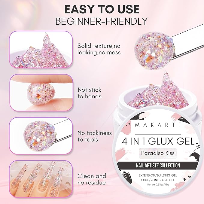 Makartt 3D Nail Gel Art Kit: 4 Colors 3D Sculpting DIY Manicure Solid Gel Builder Clear and Shimmers for Extension, Molding Adhesive Glue Rhinestone Hard Gels No Wipe Chrome DIY Salon Home