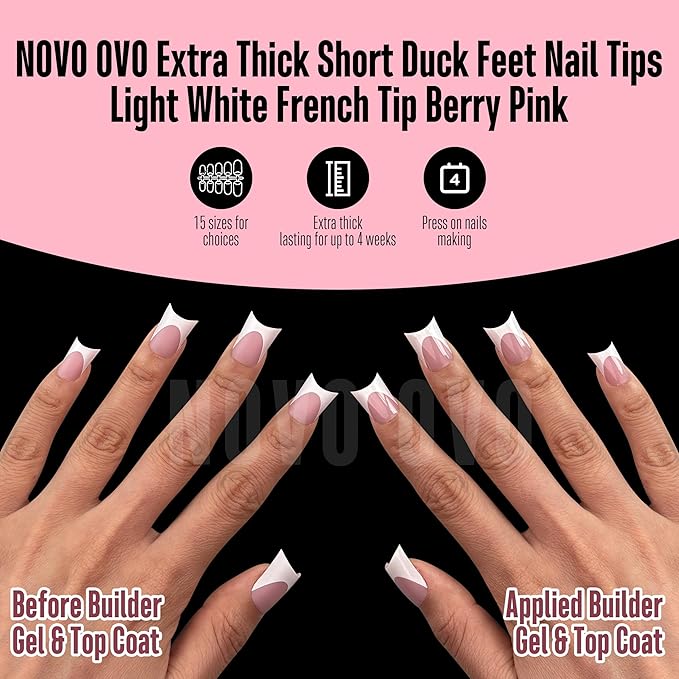 NOVO OVO Extra Thick Duck Nails Short with Moon Curve Light White French Tips BERRY PINK Full Cover for Press on Acrylic, Flare Wide French Soft Gel Fake False Nail Extension x 15 Sizes 240 pcs