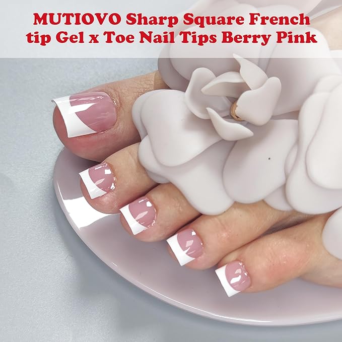 French Tip Toe Nail Tips Press on, Sharp Square Pre-Designed Soft Gel False Toenail Extension, BERRY PINK Pre-applied Tip Primer & Base Coat, Full Cover Acrylic for DIY x 15 Sizes 240 pcs