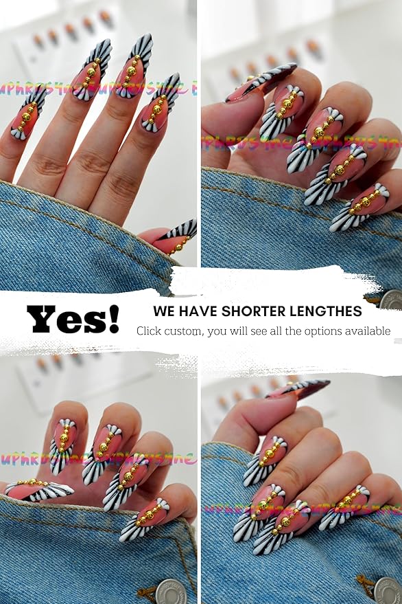 Euphrosyne Press On Nails – 10pcs Red Heart Y2K Fake Nails with Black & White Stripes and Gold Studs | Square Punk Nails for Women, Alt Girl Nail Art