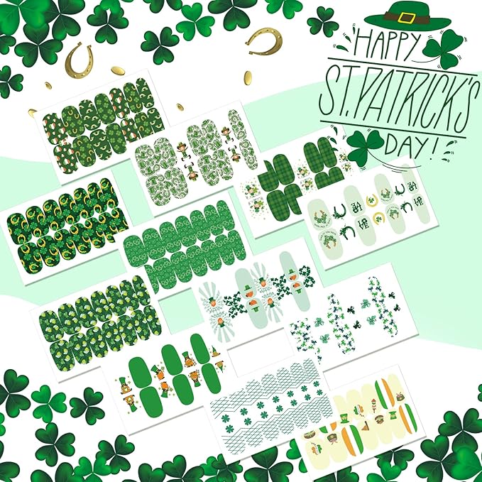 TailaiMei 12 Sheets St. Patrick’s Day Nail Wraps, Luck of The Irish Adhesive Nail Art Stickers Full Wraps Strips with 2 Pcs Nail Files for DIY Shamrock Nail Decals
