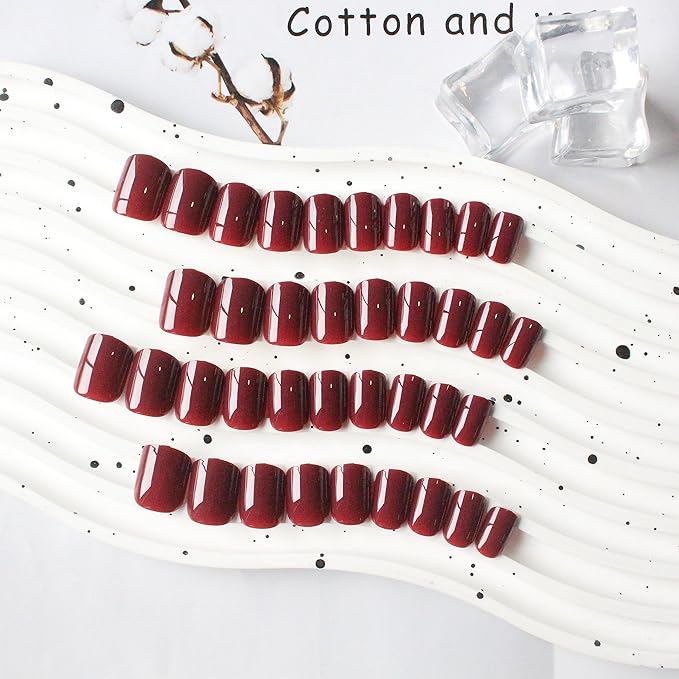 Burgundy Red Press on Nails Short Square, Natural Short Gel Nails Glue on Acrylic Nails Press ons, 48Pcs Thick Reusable Fake Nails for Women, Short Coffin Artificial Nails New Solid Color Square Nails