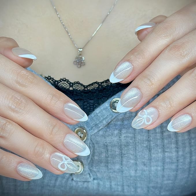 Press On Nails Short Almond Pearlescent Shimmer Cat Eye with French Tip White 3D Bow|Reusable Soft Gel Nails in 12 Sizes-24 Nail Kit with Glue|Designed in L.A, Handmade in Vietnam|Pearl Belle