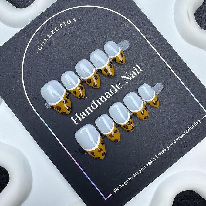 100% Handmade Press on Nails Medium Almond Handmade Nails with Leopard Print Design French Tip Fake Nails Glossy Skin Tones Nail Press ons Reusable Spring Summer Acrylic Nails for Women Size M 10Pcs