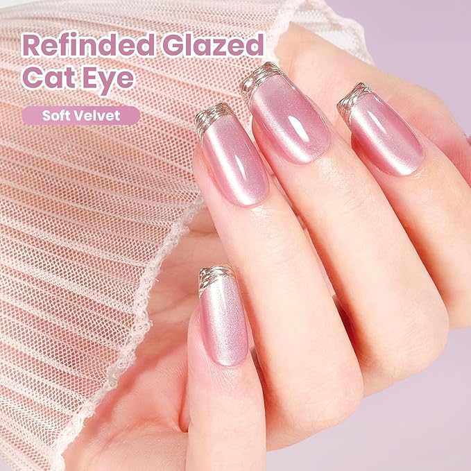 Beetles Stay shining Pink Cat Eye Gel Nail Polish - 15ML Blossom Whisper Pink Cat Eye Glitter Gel Polish with Magnet Jelly Translucent Glass Effect Soak Off UV DIY Manicure Spring Gift for Women