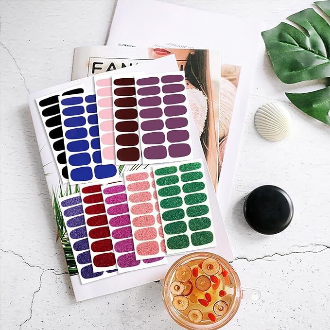 WOKOTO 20 Pcs Multi-Color Nail Polish Stickers Strips With 1 Nail File Kit, 14 Tips Per Sheet 10 Sheets Solid & 10 Glitter Solid Nail Polish Strips Full Nail Wraps Polish Decals For Women Girls
