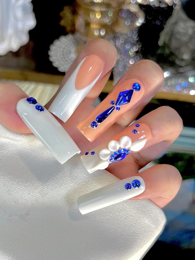 HAND-PAINTED Short Square Press on Nails Medium Length Stick on Nails Shoot Nail Art Press on Nail Kit with 7g Nail Glue on Nails Coffin False Nail Set Best Fake Nail Handmade (Medium, Style 2)