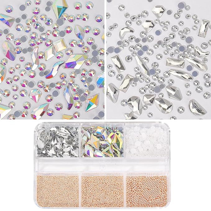 HNUIX 3D Nail Art Charms Rose Gold Nail Micro Caviar Beads Rhinestones for Acrylic Nails Mix Size Multishape AB Nail Rhinestones Nail Crystal Studs Flatback Pearl Kit for Nail DIY Craft Decoration