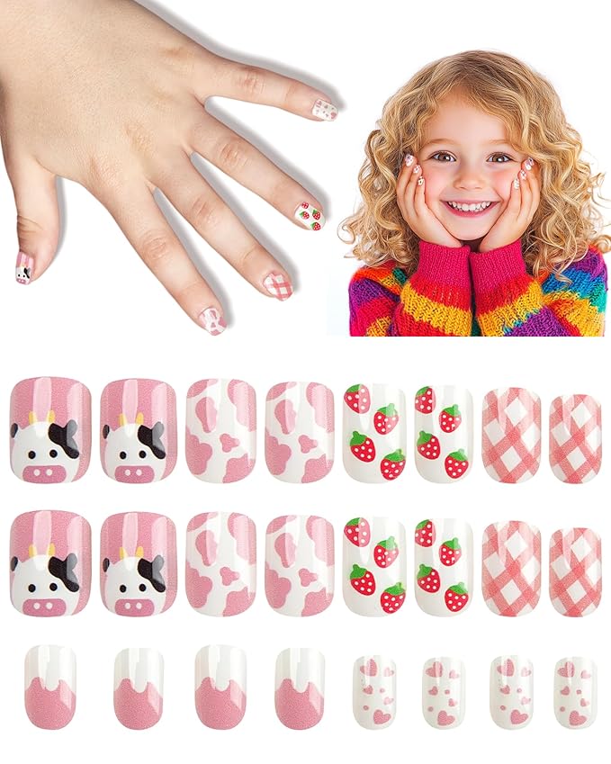 Cute Press on Nails for Kids,Girls Trendy Stuff Fake Nail Kit for Ages 5-12, Pre-glue Glitter Short Acrylic Nail Stick on Nails, Great for Girl Birthday Gifts, Parties&Makeovers Decoration