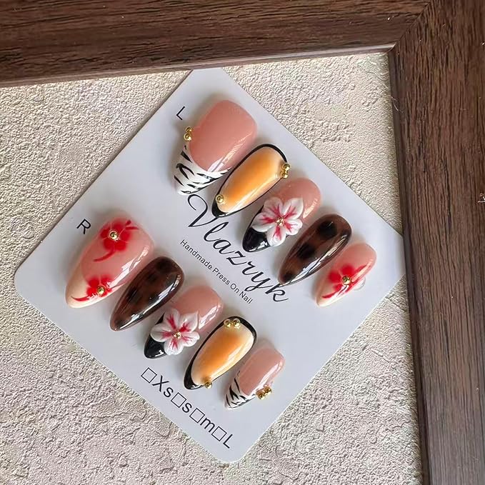 Handmade Press On Nails – Luxury 3D Flower French Tip Designs ， Medium Almond Reusable False Nails for Women & Girls ，Salon-Quality Autumn Winter Nail Art (10PCS)