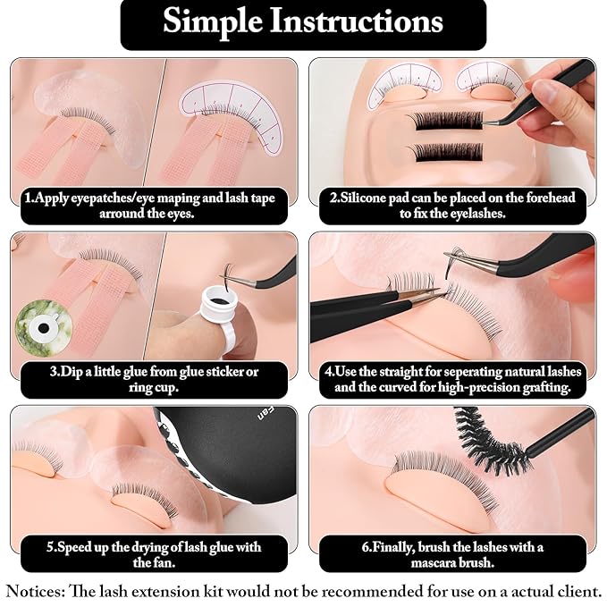 Eyelash Extension Kit for Beginners, 345 PCS Practice Supplies: Mannequin Head with Removable Eyelids, Extension Glue, Remover, Individual Lashes, Tool Kit with Everything