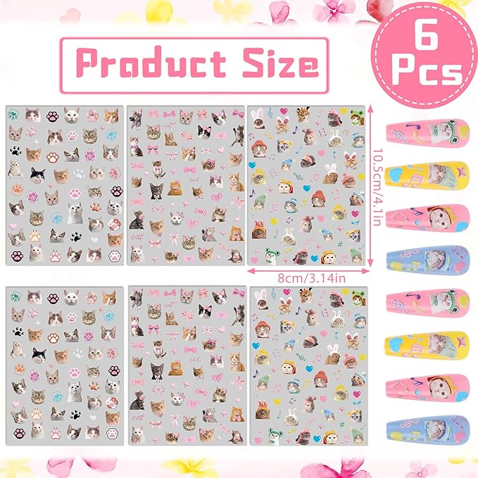 Keluna Cat Nail Art Stickers - 6 Sheets 5D Cute Cat Nail Sticker, Kawaii Animal Nail Decals, Cartoon Paw Print Bow Nail Decal Designs for Women Girls DIY Manicure Decoration Accessories