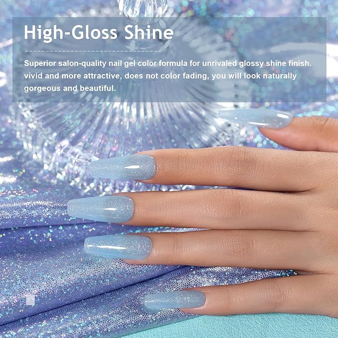 RARJSM Iridescent Glitter Gel Nail Polish Clear Pastel Blue Chunky Sparkle Rainbow Shimmer Jelly Transparent Sky Blue Gel Polish Single Bottle Soak off UV LED Cured for Home Salon Manicure 15ML