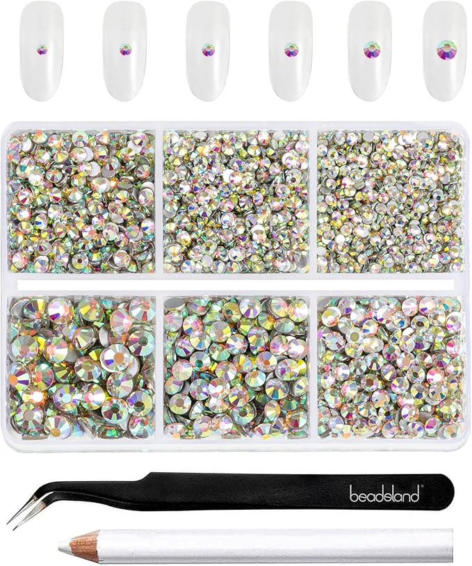Beadsland 4300pcs Flatback Rhinestones,AB Crystal Rhinestone Nail Gems Round Crystal Rhinestones for Crafts,Mixed 6 Sizes with Picking Tweezers and Wax Pencil Kit, SS6-SS20,Crystal AB