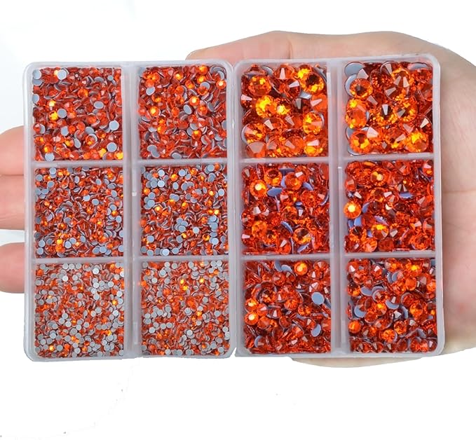 10000Pcs 2-Boxes Mixed Size Hot Fix Round Crystals Gems Glass Stones Hotfix Flat Back Rhinestones with Tweezers and Picking Pencil (Orange)