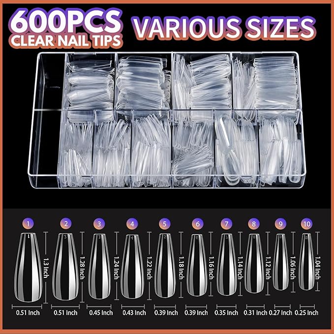 Teenitor Clear Coffin Nail Tips Set, Long Acrylic Nail Kit Full Cover Clear Press On Nails, 600 Pcs Fake Nails with Glue, Acrylic Nail Clipper Files and Buffer Polisher