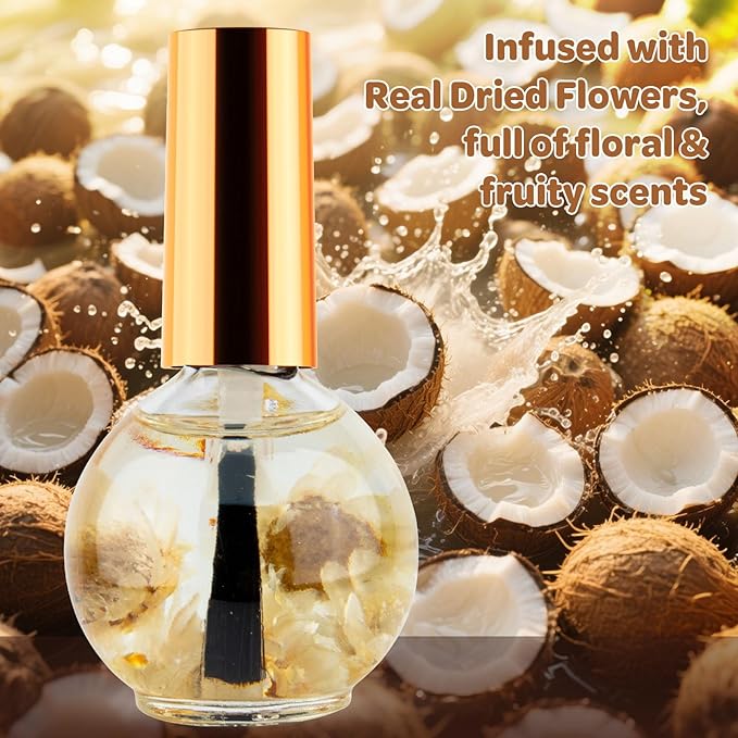 JIASHENG Cuticle Oil, Coconut Scented Cuticle Nail Oil Infused with Real Flowers, Hydrates, Moisturizes, Strengthens, Repairs, Revitalizing Cuticle Oils for Nails Damage Dry Cuticle, 15ml