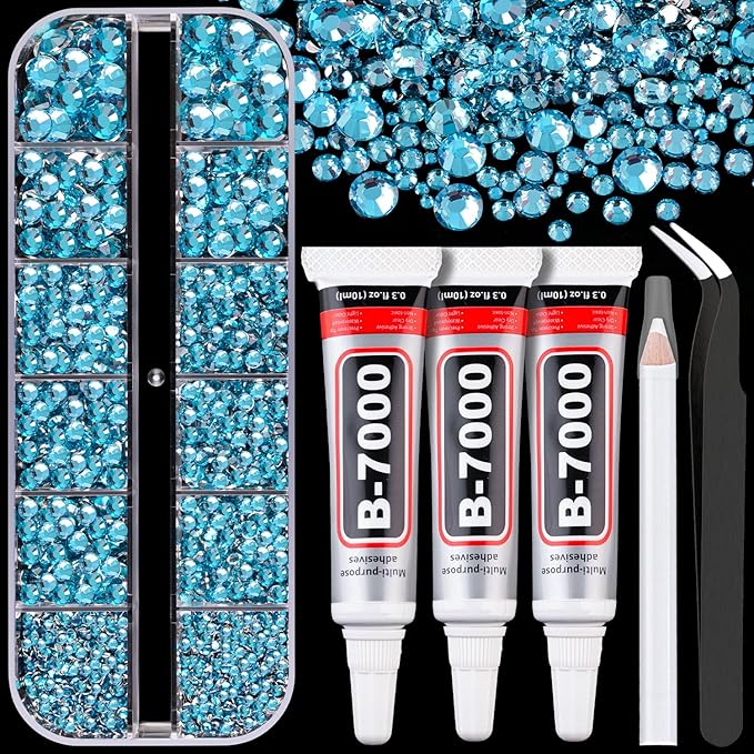 Resin Rhinestones for Crafting with B7000 Jewelry Glue, 1 Box Indicolite Flatback Crystals with 3Pcs 10ml Glue for Bedazzling Crafts DIY Nail Art Makeup，Non Hotfix Gems for Clothing Shoes