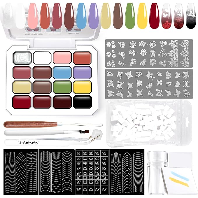 Gradient Gel Nail Set,16 Color for Ombre Nude&Pearlescent Color White＆Black Nail Polish Platte Kit with 14* Nail Art Tools,Pat Painting Gel French Nail Manicure No-wipe DIY Art Home Salon