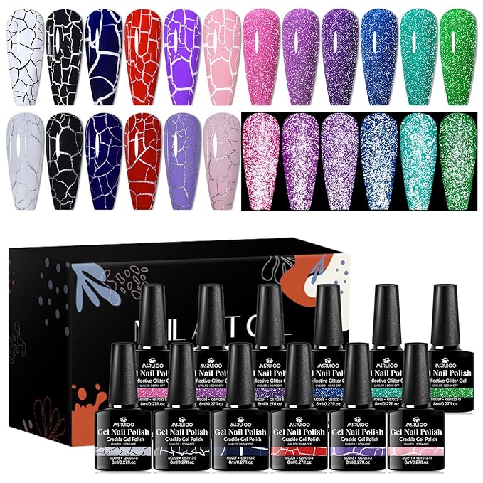 12 Colors Crackle Gel Nail Polish Reflective Glitter Neon Gel Polish Set Pink Blue Soak Off Uv Led Nail Polish Kit 8ml (Cracked Nail Polish + Glitter Gel Polish)