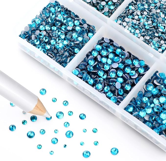 Bymitel Hotfix Crystal Rhinestones Round Gems for Crafts,Mixed 6 Sizes with Wax Pencil Kit, Blue Zircon 1.3-3.2mm(SS3-SS12/8000pcs)