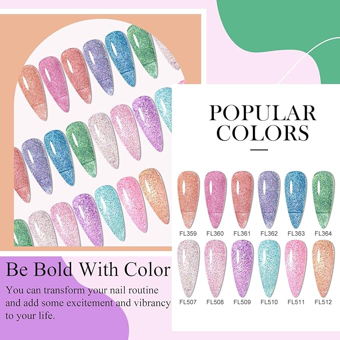 Reflective Glitter Gel Polish 12 Colors Sparkle Gel Nail Polish Set Diamond Shine Pink Purple Red Holographic Glitter Gel Soak off Uv LED Manicure Gifts for Women