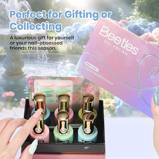 Beetles Hema Free Gel Polish Set, 15 ML 6 Colors Pastel Cat Eye Pink Green Blue Glitter Gel Nail Polish Kit Soak Off UV Nail Art DIY at Home Salon Spring Summer Easter Gift for Women