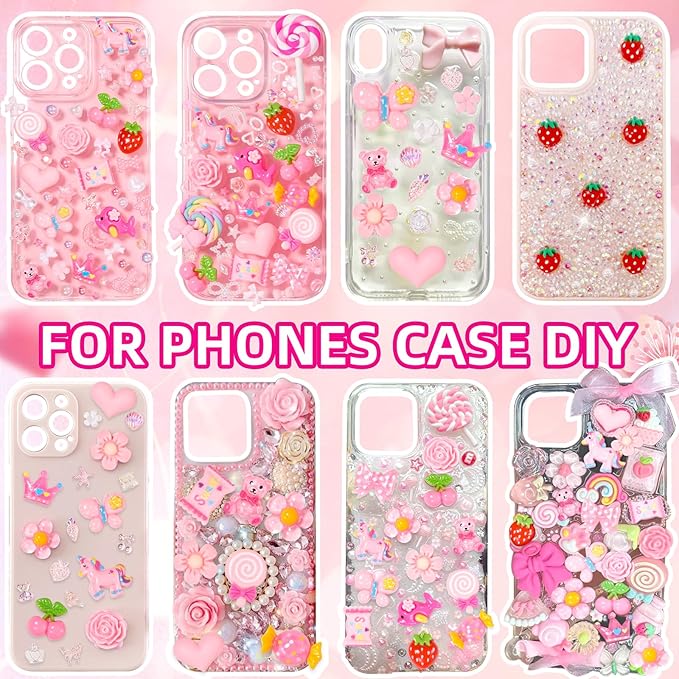 Junk Case Charms Kit, Pink White Pearls Resin Rhinestones Bedazzling Kit, Cute Candy Bear Cartoon Phone Cases Charms, Junk Case with Big Charm for Crafts Nail Art DIY Accessories