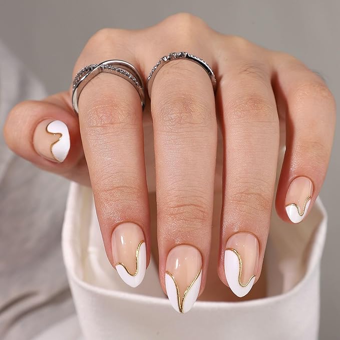 RTKHFZE Press on Nails - Short Almond French Tip Fake Nails with Gold Foil, Soft Gel Glue, Fit Perfectly (Reusable) in 16 Sizes - 32 Pcs Kit