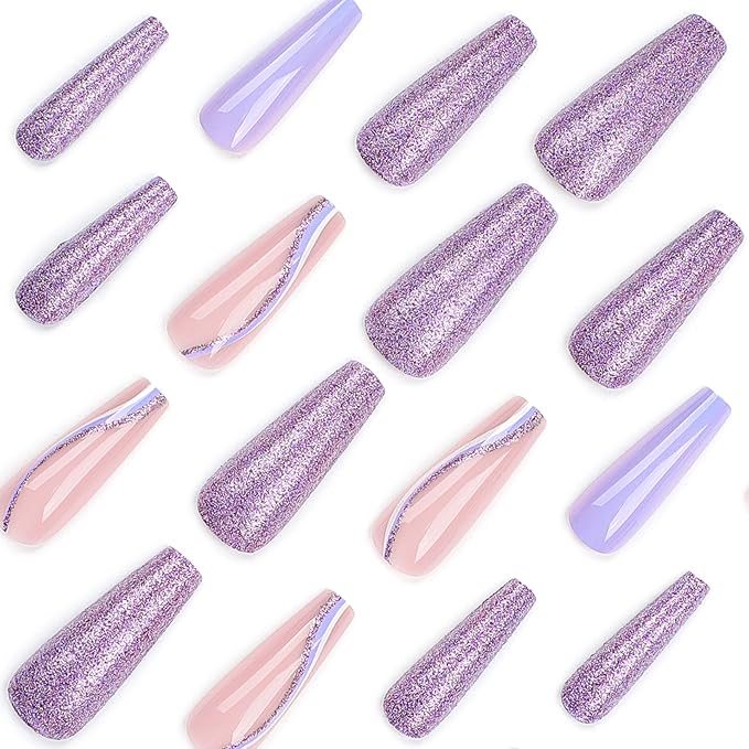 RTKHFZER Long Press on Nails Coffin Fake Nails Purple Glitter False Nails with Swirl Designs Nails Press Ons 24Pcs Glossy Long Full Cover Acrylic Stick on Nail for Women