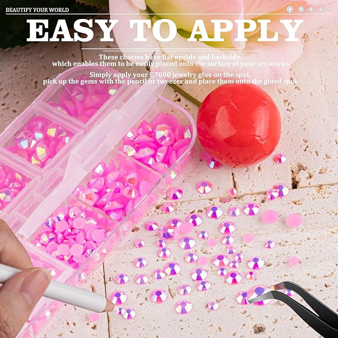 7000PCS Resin Rhinestones with Tweezers for Crafting, 2/3/4/5/6mm Flatback Jelly Rhinestones, 4 Box Pink AB Non Hotfix Crystal Gems for DIY Crafts Mugs Tumblers Clothes Makeup Nail