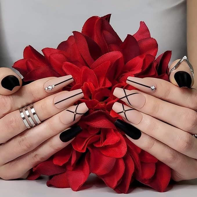 Hypnaughty 24 Pcs Monaco Black Matte and Nude Luxury Design with Rhinestones Coffin Press on Nails with Glue Medium Long Reusable Fake Nails (Monaco)