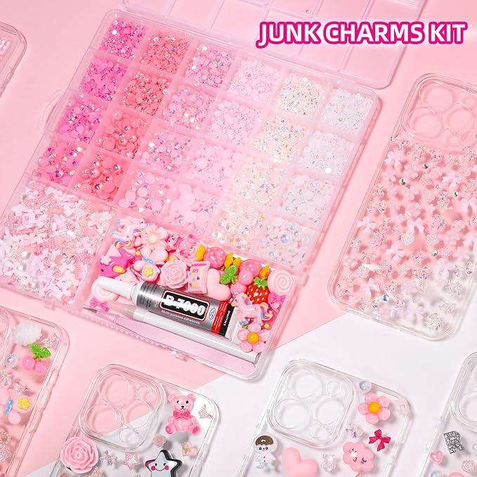 Junk Case Charms Kit, Pink White Pearls Resin Rhinestones Bedazzling Kit, Cute Candy Bear Cartoon Phone Cases Charms, Junk Case with Big Charm for Crafts Nail Art DIY Accessories