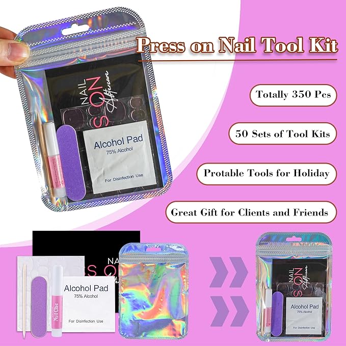 Press On Nail Tool Kit for Nail Business, Nail Prep Application Disposable Kit with Nail File, Nail Glue, Prep Pads, Instruction Card, Adhesive Nail Tabs, Wood Stick, Holographic Bag (50pcs in purple)