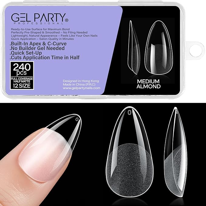 GELPARTY Soft Gel Nail Tips Medium Almond - 240Pcs Pre-Buffed Matte Full Cover Tips - No Filing Needed, Soak Off Gel Extension System - Clear False Nails (12 Sizes)