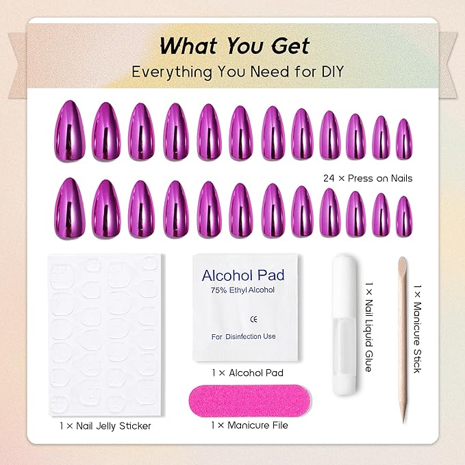 Chrome Press On Nails Almond, Metallic Purple Pink Mirrored Glue on Nails Medium Press Ons, Acrylic Natural Fit Stick on Nails in 12 Sizes - 24Pcs Fake Nail Kit for Women Daily & Party Wear