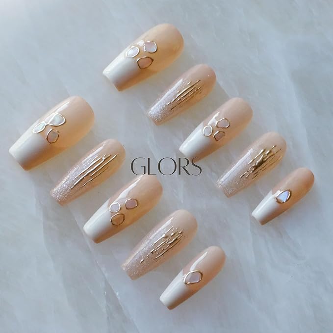 Handmade Press On Nails, Long Ballerina Shape, Pink and White Shell Design, 10 Pieces (XS,LB)