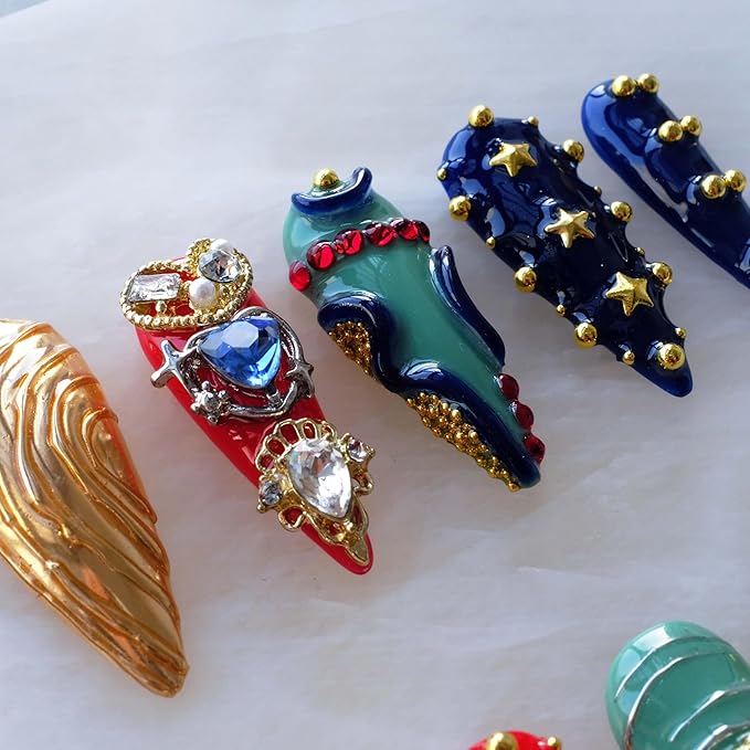 Luxury Handmade Press On Nails, Vintage Bohemian Style, Long Stiletto Shape, Crystal Heart Gems, Gold Stars Design, 10 Pieces (Medium, LS)