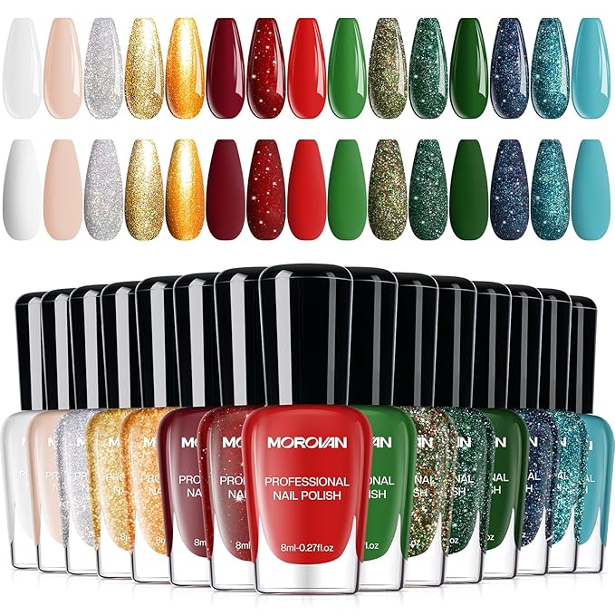 Morovan Christmas Nail Polish Set: 2025 Glitter Gifts Ideas Red Green Gold Silver Fingernail Polish Kit Winter Quick Dry Regular Nail Polish Pack Manicure for Women Girls Holiday Party