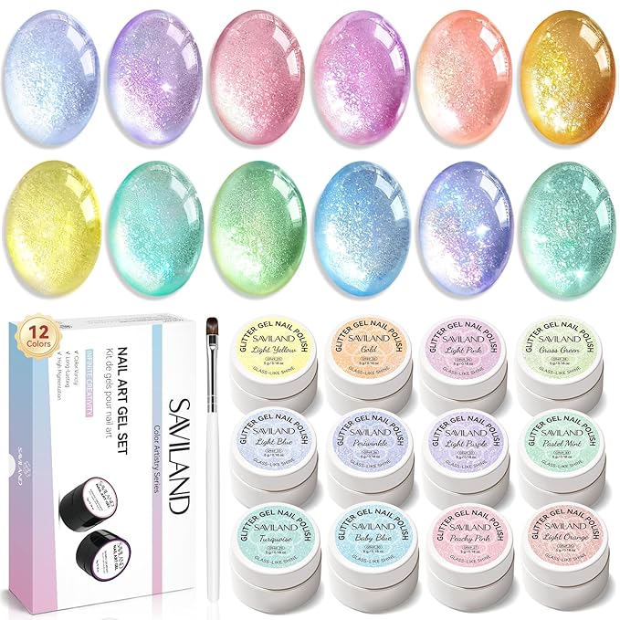 SAVILAND Glitter Gel Nail Polish Set: Jelly 2026 60ml 12 Colors Crystal Shiny Gloss Light Pink Gel Polish Art Pen Spring Magnetic Gel Polish Glitter Nail Polish Gifts Home Manicure DIY